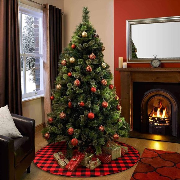 Meriwood Red & Black Buffalo Plaid Christmas Tree Skirt  48" round NIP - Picture 2 of 6
